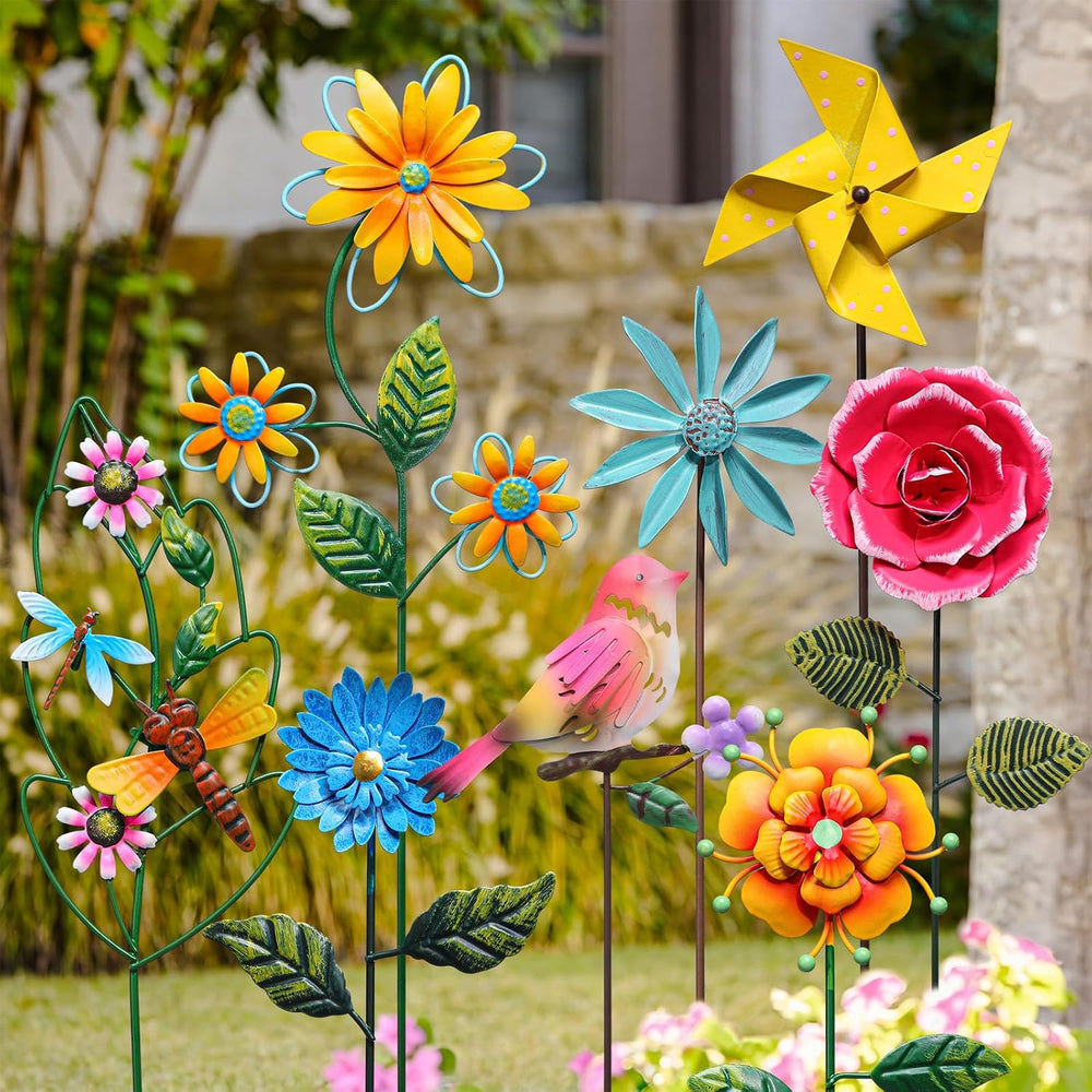 8 Pcs Metal Flower Yard Art 5d Garden Stakes 14 in Outdoor Decor