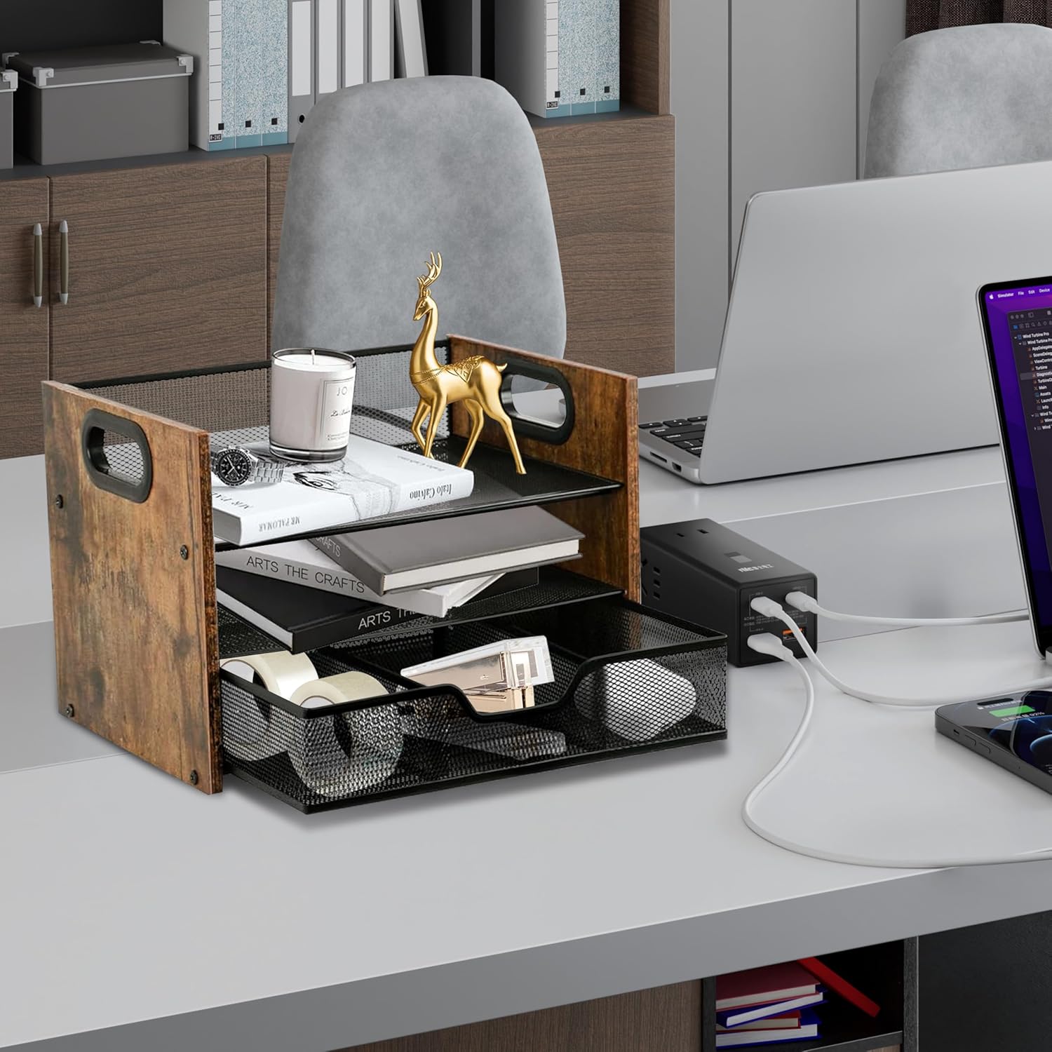 Wood Desk Organizer - 3-Tier Desktop File Organizer with Drawer, Wooden Paper Tray, Office Desk Organzier and Accessories for Papers, Mail, Notebooks, Stationery