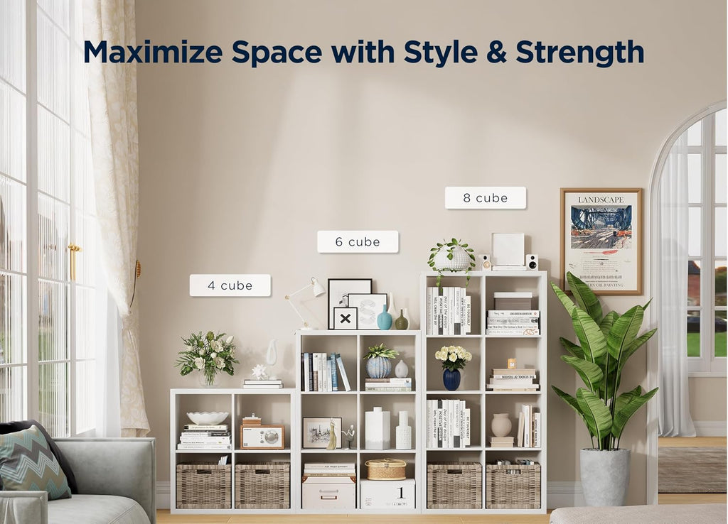 8 Cube Storage Organizer, Cube Shelf with Heavy-Duty Thick Boards, 25.12" L x 9.37" W x 48.74" H, Smooth Easy-Clean Panels, Simple Assembly, for Living Room Bedroom Office, White