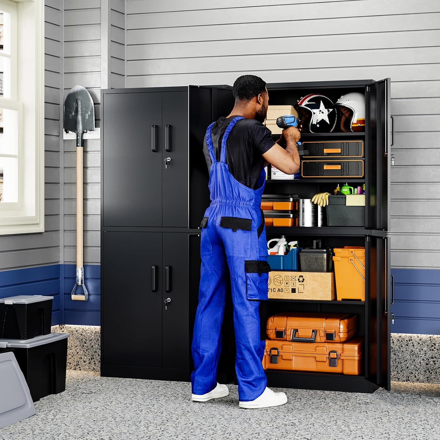 Yizosh Metal Storage Locking Cabinet with 4 Doors and 2 Adjustable Shelves,71" Lockable Garage Tall Steel Cabinet,for Home Office,Living Room,Pantry,Gym,Commercial Storage (Black)
