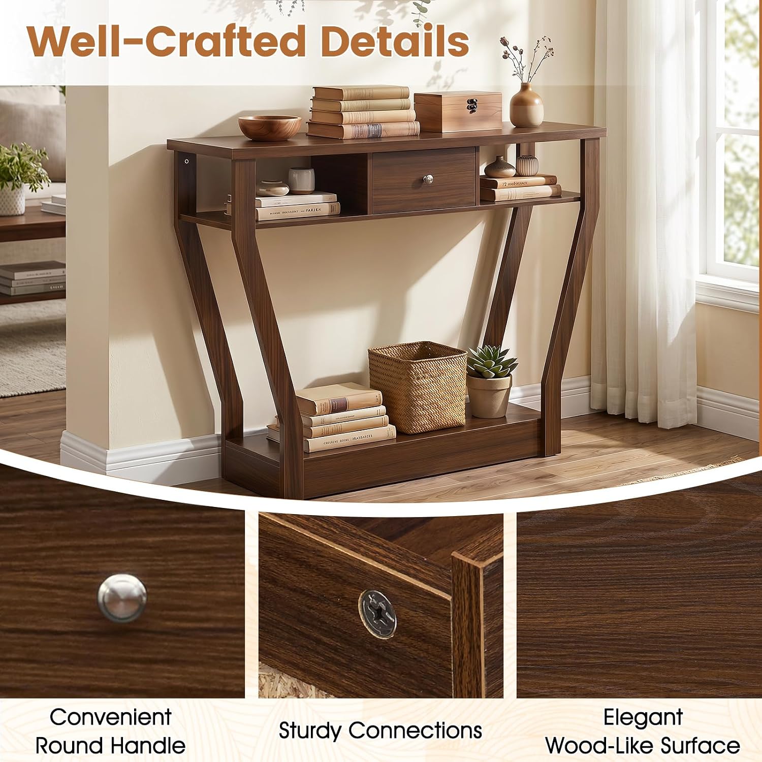 Giantex 43" Modern Console Table with Drawer & Storage Shelf, Walnut | Narrow Entryway Table w/Geometric Angled-Leg Design, Mid-Century Behind Couch Sofa Table for Living Room, Hallway, Entrance