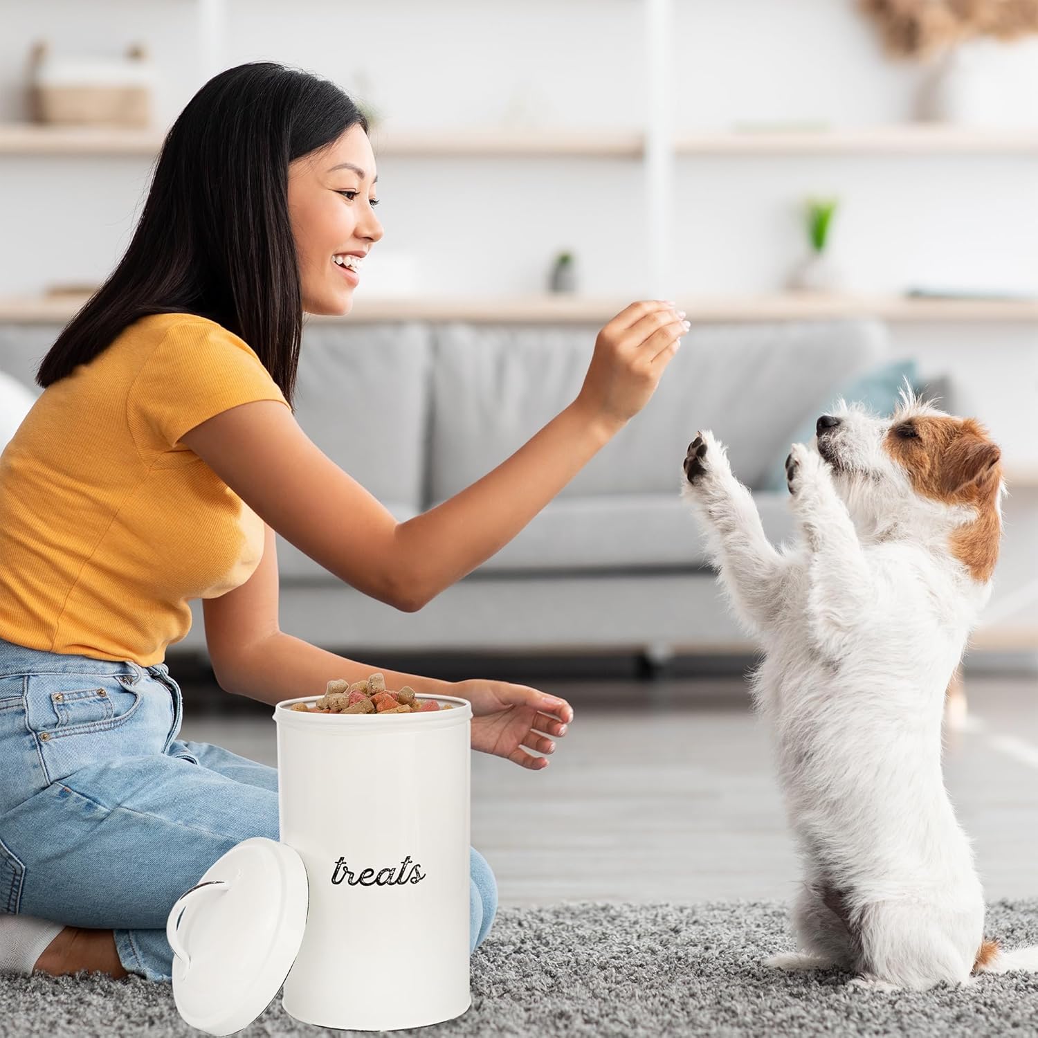 AuldHome Design Enamelware Dog Treat Jar, White Rustic Treats Container