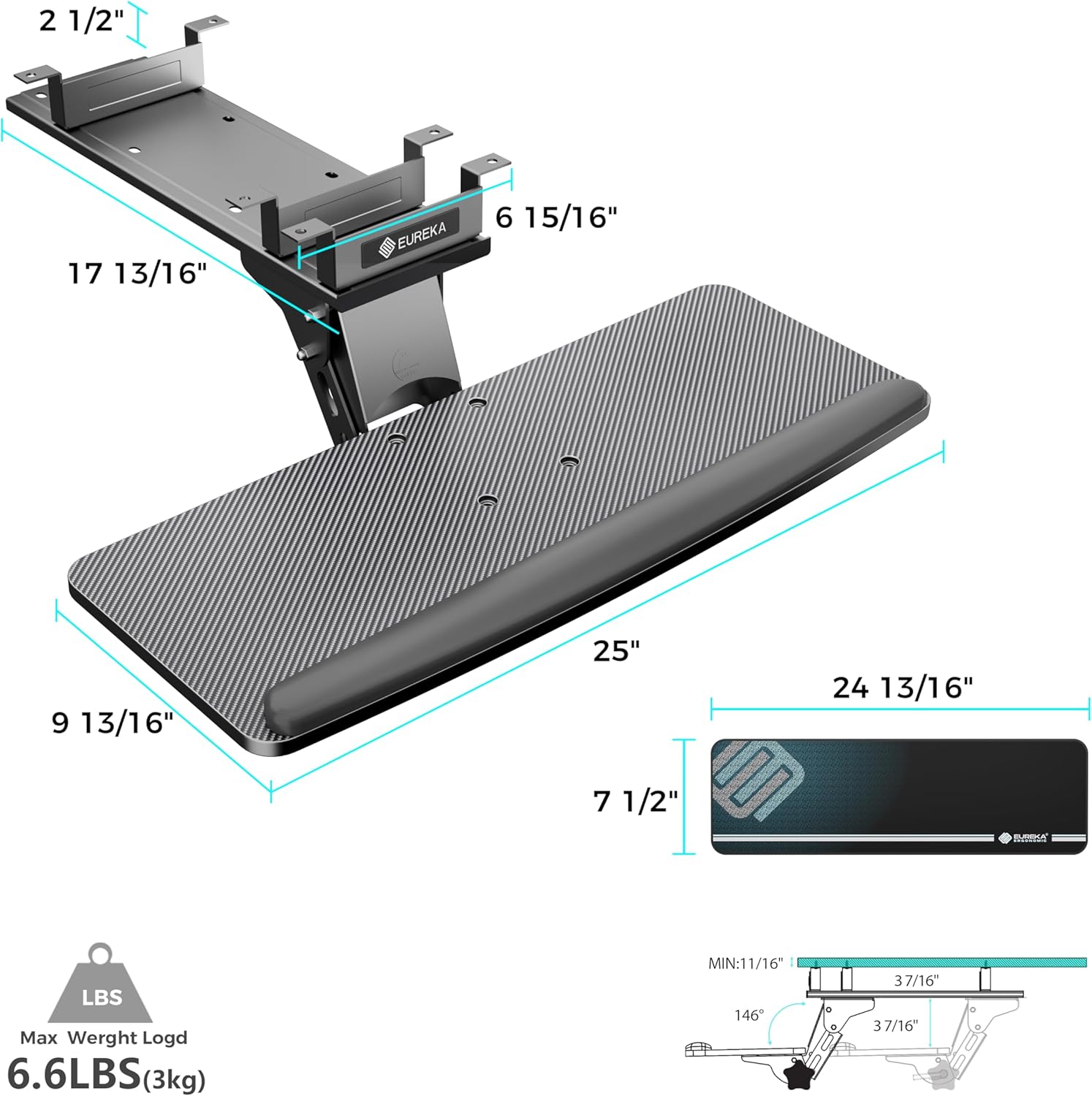 EUREKA ERGONOMIC Keyboard Tray Height Adjustable, Swivel Tilt Computer Keyboard Drawer Under Desk, 25x9.13'' Sliding Keyboard & Mouse Platform with Mouse Pad for Typing, Black