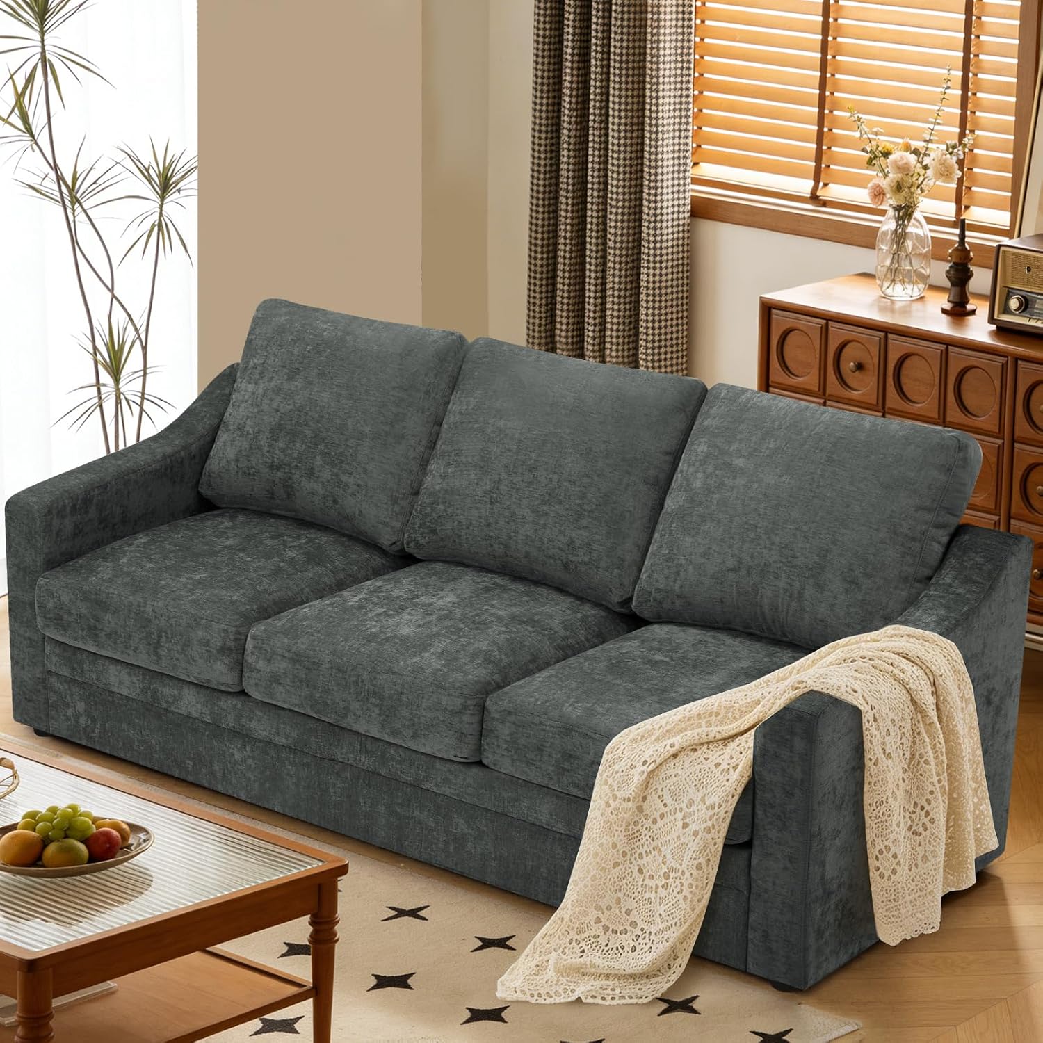 83” Chenille 3 Seats Sofa w/Comfortable Back Cushions, Grey | Modern Couch w/Deep Seat Space, Upholstered 8 Seater Sofa w/High Resiliency Foam for Living Room