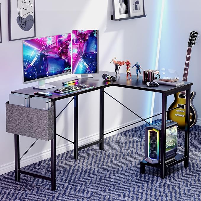 Sweetcrispy L Shaped Desk Gaming Computer 50 Inch Reversible Corner PC Work Table for Writing Study Student with Wood Tabletop Metal Frame CPU Stand Side Bag for Home Office Small Space, Grey