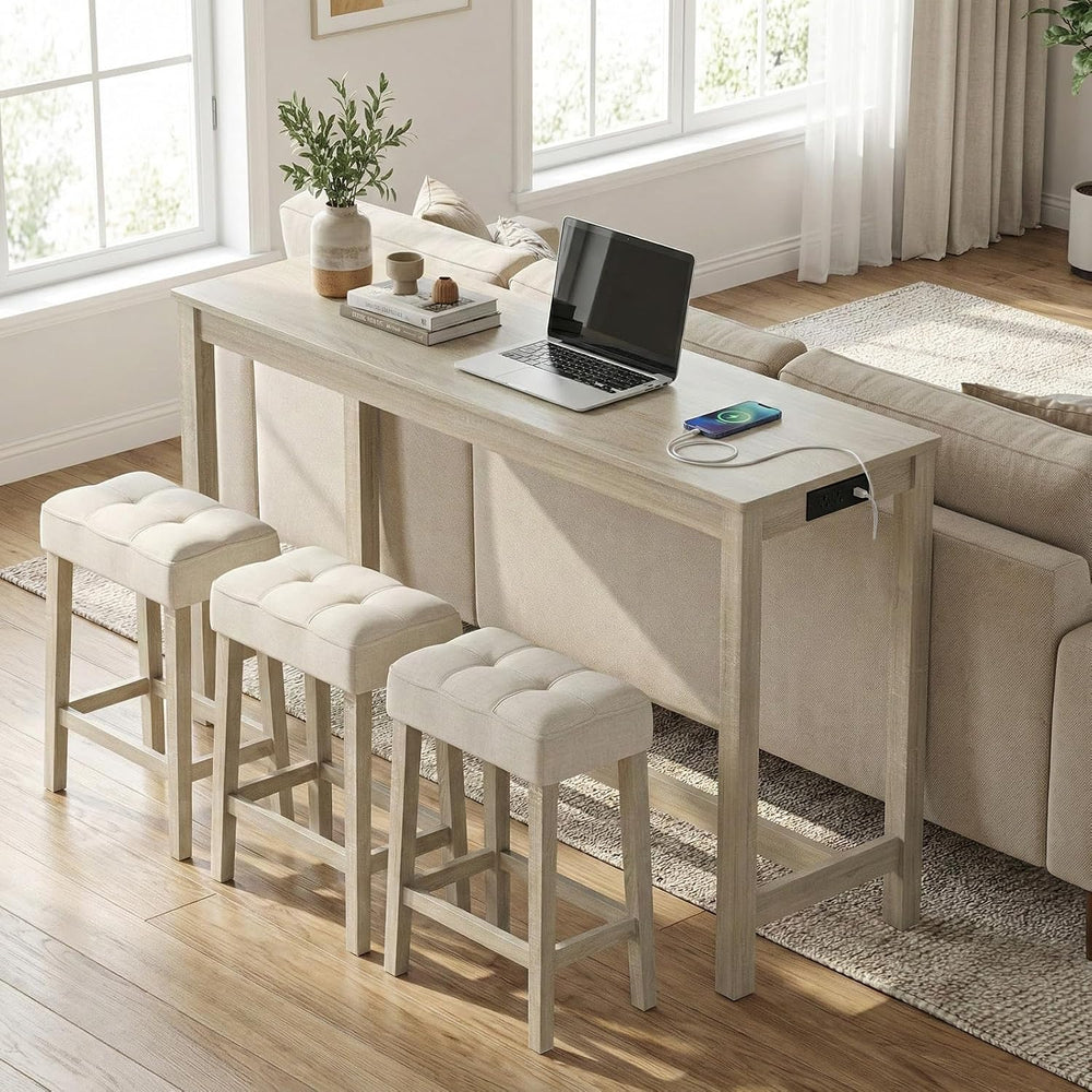 COSTWAY 4-Piece Breakfast Nook Bar Set with Built-in Charging Station | Count...