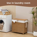 Laundry Hamper with Lid and Removable Liner Bag, Handwoven Rattan Clothes Hamper with Heightened Feet, Wicker Laundry Basket for Clothes and Towels，Large, 2-sections