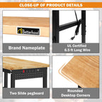 Betterhood 48" Adjustable Workbench on Wheels, Rubber Wood Heavy Duty Workstation with Power Outlets&2 Pegboards, 2000 Load Capacity Hardwood Worktable for Workshop, Garage, Office, Home, Commercial