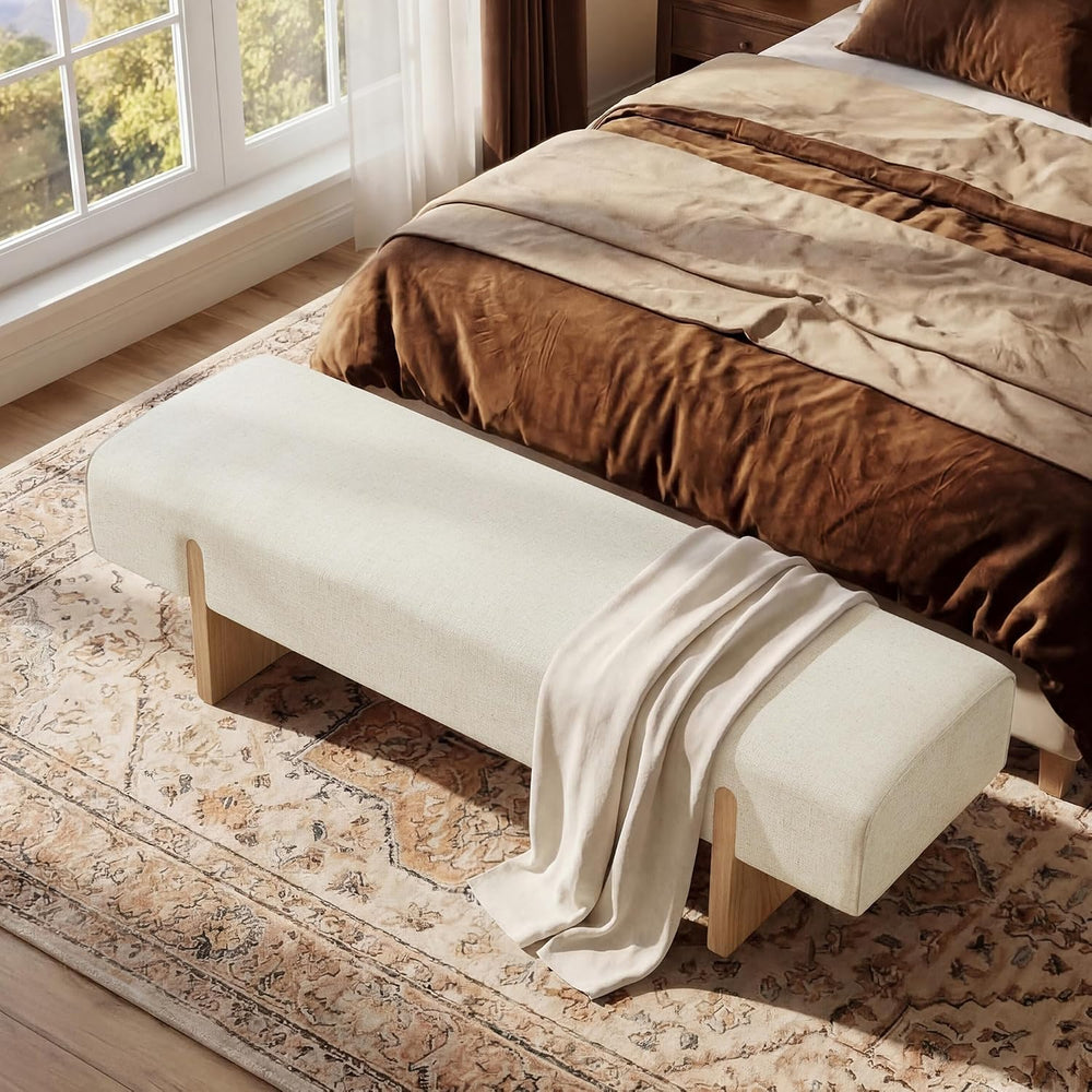 55’’ Upholstered End of Bed Bench, Linen Entryway Bench with Solid Wood Legs,...
