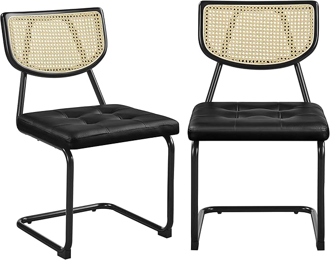 Yaheetech Rattan Dining Chairs Set of 2 Mid Century Modern Dining Room Chairs with Chrome Legs and Rattan Back for Home Kitchen, Faux Leather, Black