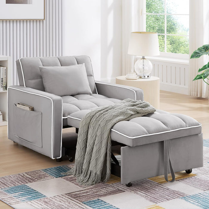 Antetek Convertible Sleeper Chair Bed, 3 in 1 Modern Velvet Pull Out Sofa Bed, Small Tufted Single Sleeper Chair with Adjustable Backrest/Pillow for Living Room, Small Spaces, Apartment, Office, Grey