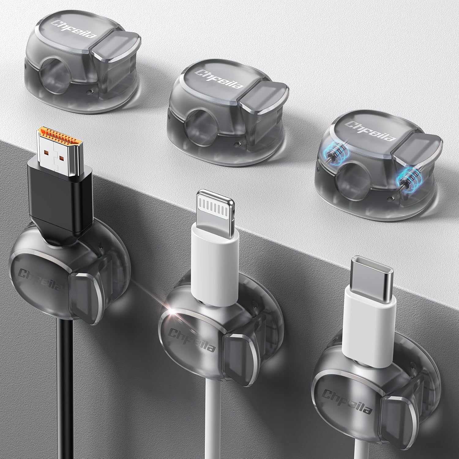 Cable Clips - Chfeila Latest Dual Spring Cord Organizer with Clasp Lock, 6Pack [Max Stability] Desk Cable Management, Adhesive Phone Charging Wire Holder for Nightstand/Car/Wall, Office Accessory
