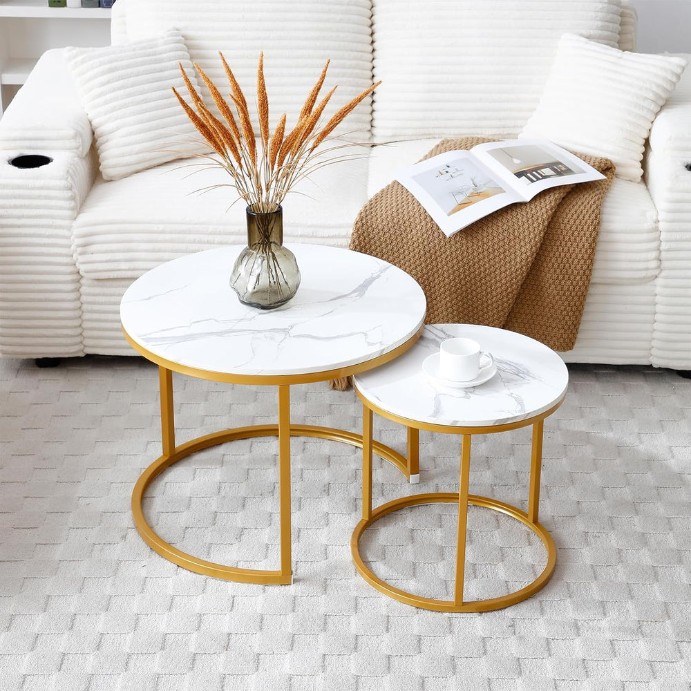 Nesting Coffee Table Set of 2, Round Coffee Table w/Marble Pattern Top, Moder...