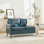 STHOUYN 57" W Faux Leather Loveseat w/ 2 USB, Small Loveseat Sofa w/Side Pockets, Wooden Frame Small Couch w/Metal Legs, Office Mini Couch for Dorm, Bedroom, Apartment (Blue, 2 Seater)