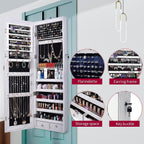 47" H Jewelry Armoire Full Length Mirror Cabinet Storage Organizer w/LED Light Wall-Mounted/Door-Hanging Lockable for Bedroom Makeups White
