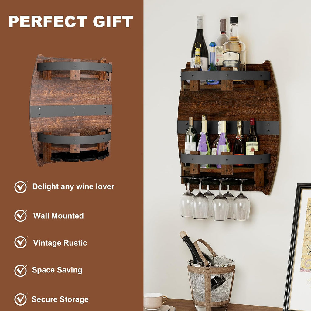 Whiskey Barrel Shelf Wall Mounted, Vintage Wine Rack With Glass Holder | Wooden Handmade Bourbon Shelf, Bar Liquor Bottle Holder, Gift For Wine Lover, Drinks Cabinet Rack for Whiskey, Beer