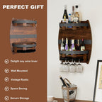 Whiskey Barrel Shelf Wall Mounted, Vintage Wine Rack With Glass Holder | Wooden Handmade Bourbon Shelf, Bar Liquor Bottle Holder, Gift For Wine Lover, Drinks Cabinet Rack for Whiskey, Beer