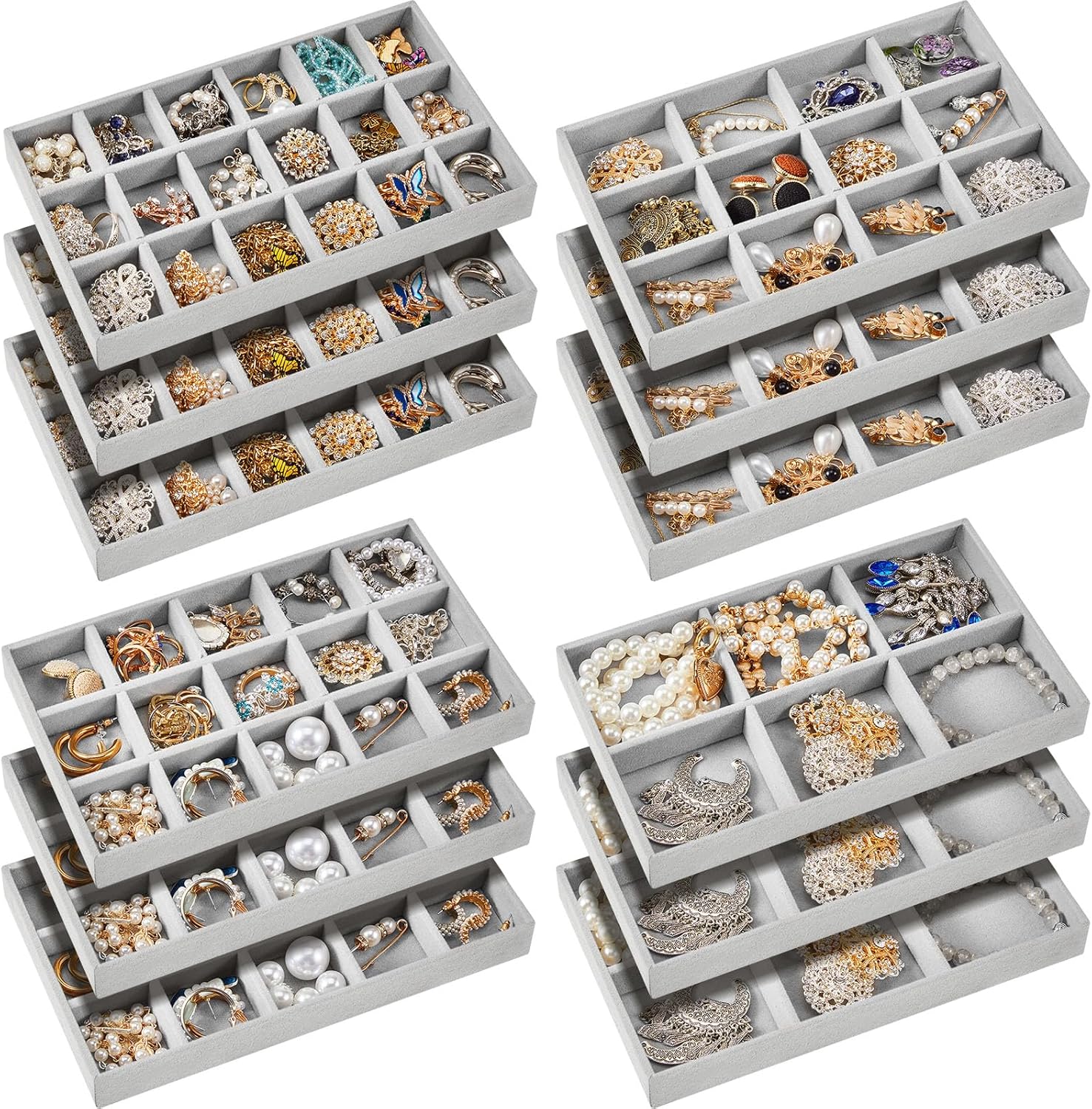 Junkin 12 Pcs Jewelry Tray Velvet Stackable Jewelry Organizer Trays Divided Earring Accessories Storage Containers Box (Rose Red)