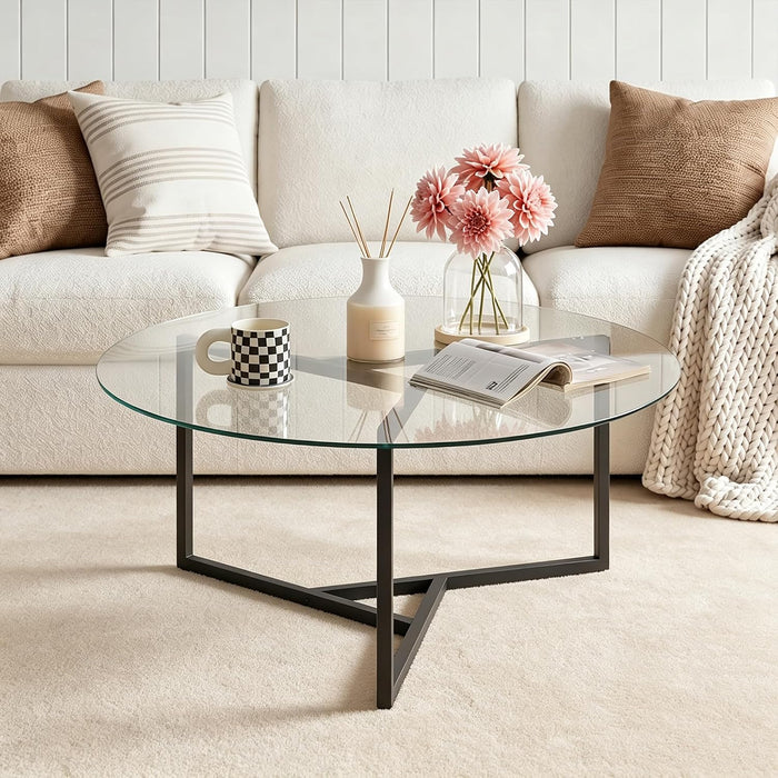 CLIPOP Round Glass Coffee Table with Clear Tempered Glass Top, Glass Coffee Table with Adjustable Feet & Triangle Structure Metal Frame, Perfect for Living Room, Home Office(Clear Glass Top)