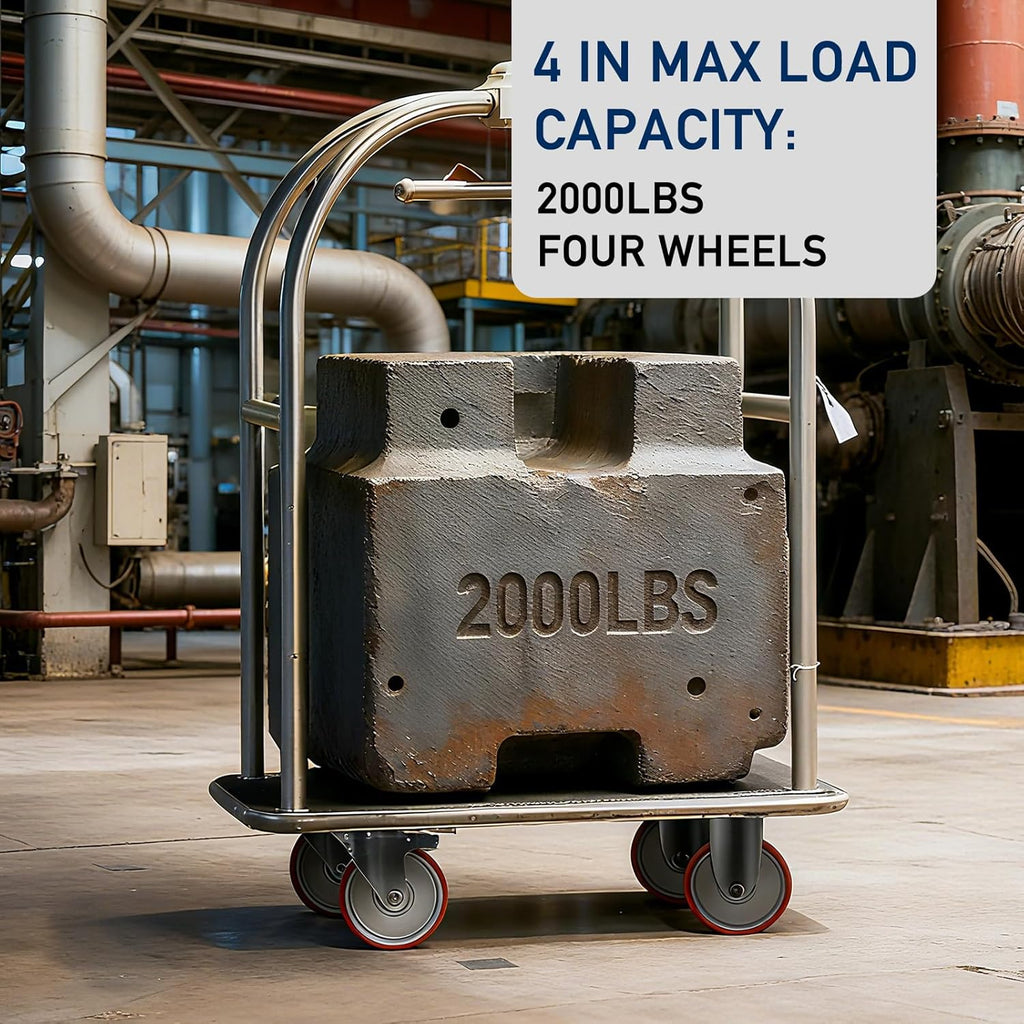 4 Inch Caster,Heavy Duty Caster Wheels Set of 4,Load 2000 Lbs,Polyurethane Steel Wheels,Swivel Wheels with Brake for Trolleys,Warehouse Cargo Handling,Workbench Moving(2Brake&2Rigid)