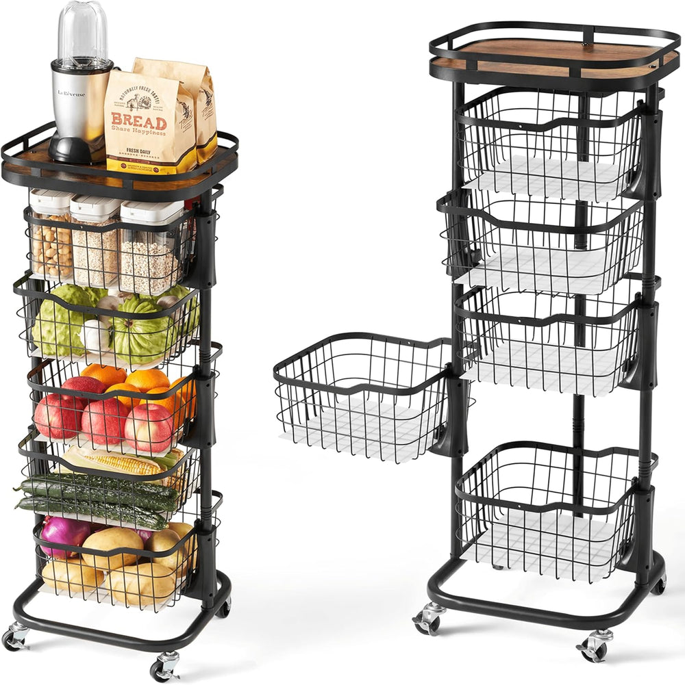 5 Tier Kitchen Fruit Vegetable Storage Cart with One-Piece Rotating Basket, P...