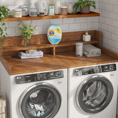 2-Tier Washer Dryer Countertop with 2.75" H Edge Rails, 58" W x 28" D Laundry Countertop for Folding Clothes, Washer and Dryer Topper with Non-Slip Pad (Brown)