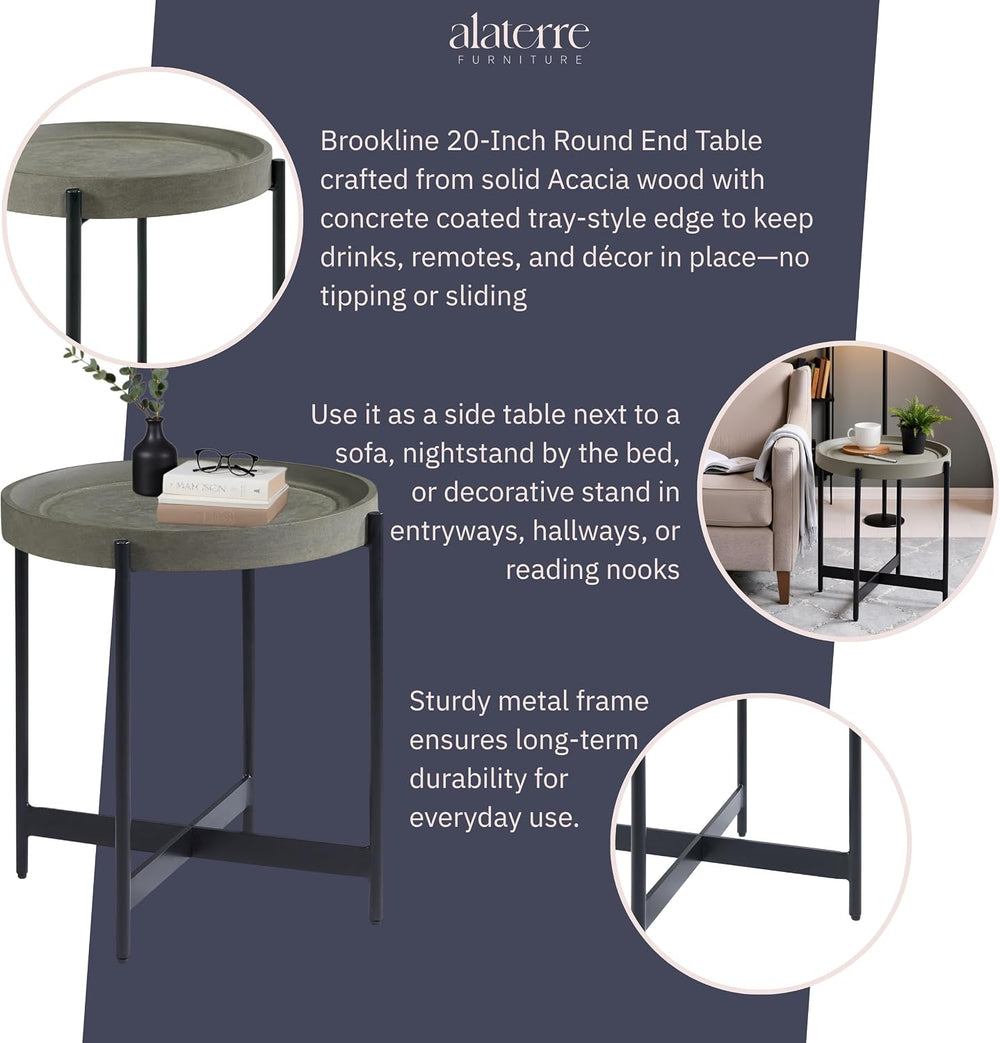 Brookline 20-Inch Round Wood End Table with Concrete Coating and Powder-Coate...