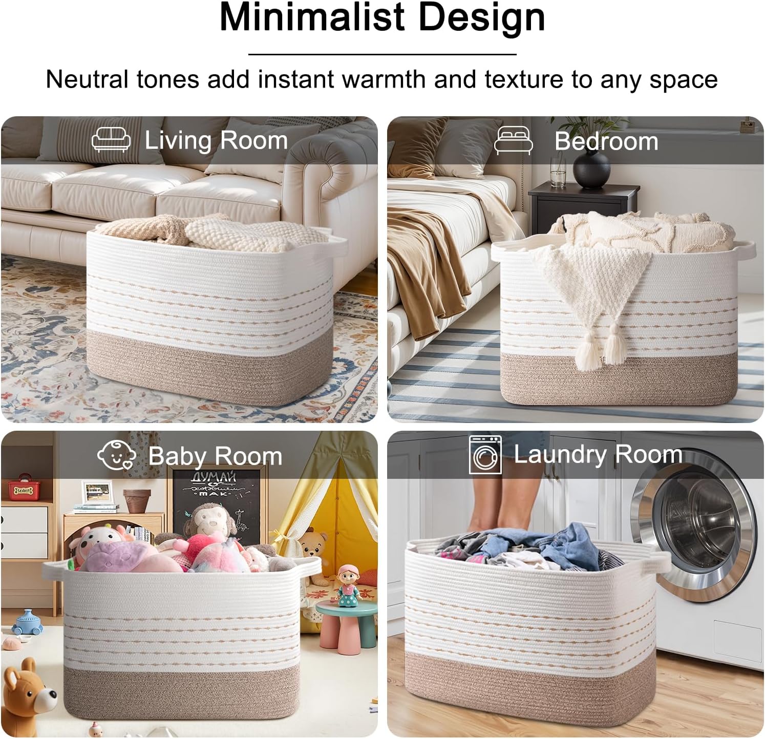 OIAHOMY 108L Extra Large Blanket Basket, 25”x16”x16” Rectangle Woven Cotton Rope Baskets for Living Room, Toy Storage with Handle- Gradient Light Brown