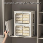 FHSQX 2 Pack Clothes Storage Bins, Ivory White, 16.5x12.2x12.2 Inch | Stackable, Linen Fabric, Foldable Container Organizer, Carrying Handles
