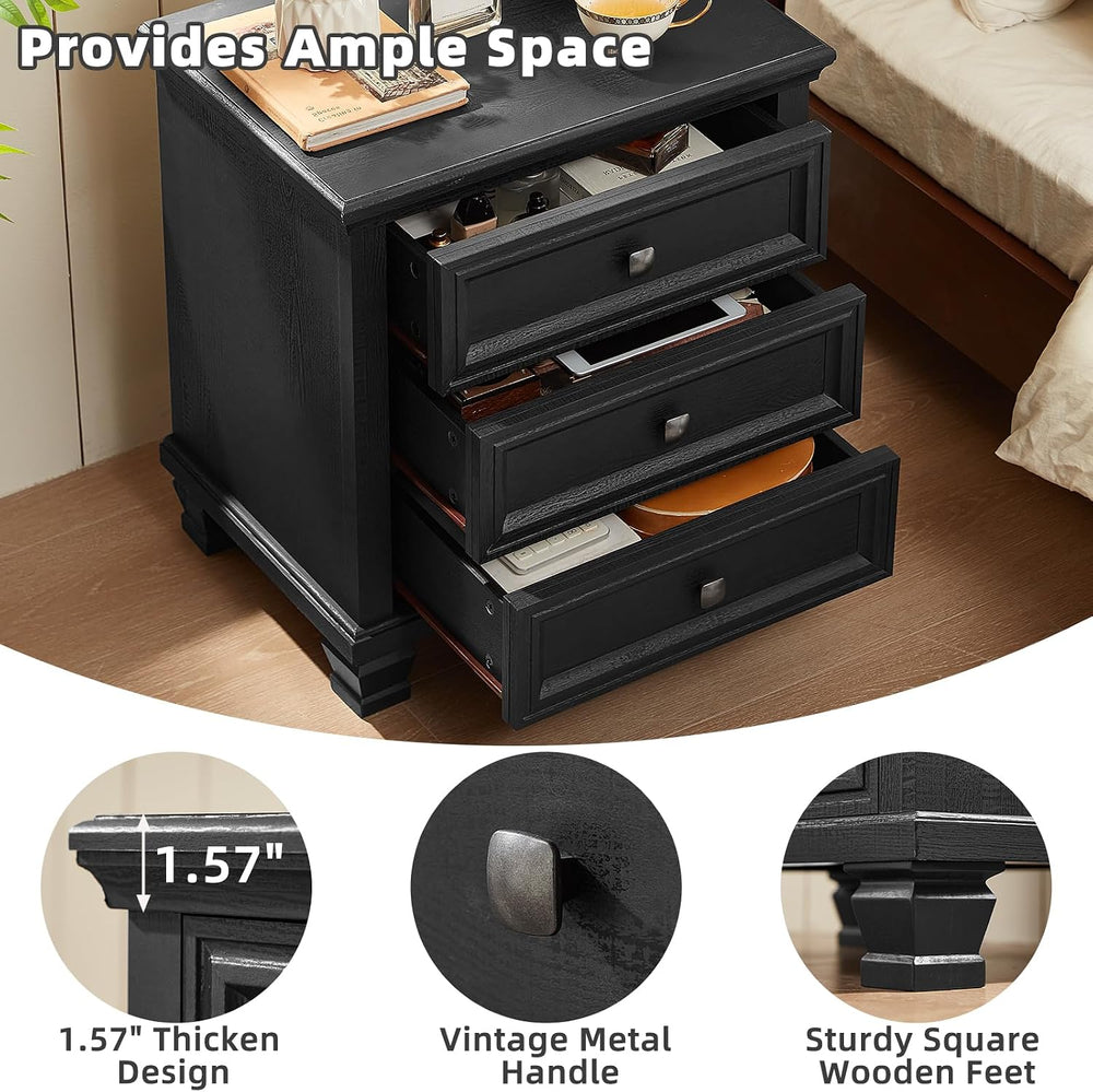 SAVOR LIFE 3-Drawer Nightstand Set of 2 with Solid Wood Legs, Black | Pair of...