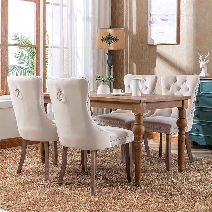 Modern Dining Chairs Set of 4, Tufted Upholstered Dining Chair with Solid Wood Legs, Beige Velvet Accent Chair, Sillas de Comedor, 4 Dining Chairs (Beige, Velvet, 4Pcs)