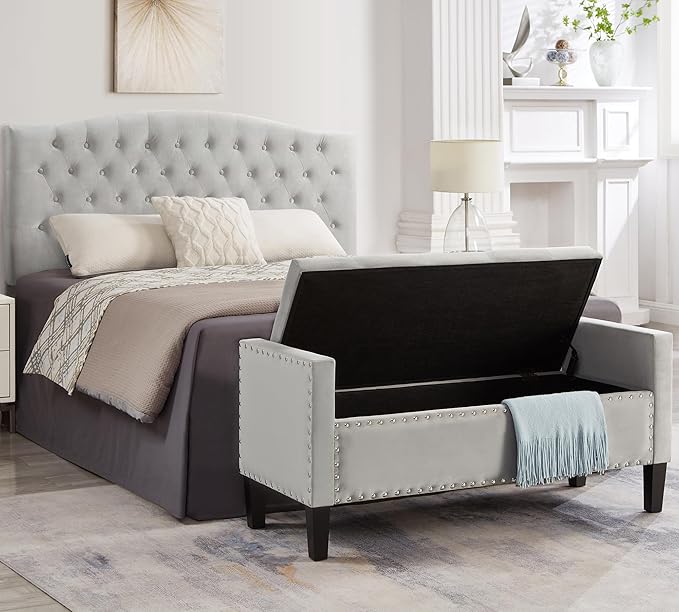 Upholstered Velvet Storage Ottoman Bench with Nail Trims,Soft Padded Seat with Armrest,for Living Room,Bedroom,Entryway,Easy to Assemble,Gray
