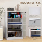HOMCOM Media Cabinet, 4-Tier Stereo Cabinet for Vinyl Record Player, Gaming Console, AV Record Player Stand with Adjustable Shelves, Push-to-Open Glass Doors and Cable Management, Distressed White