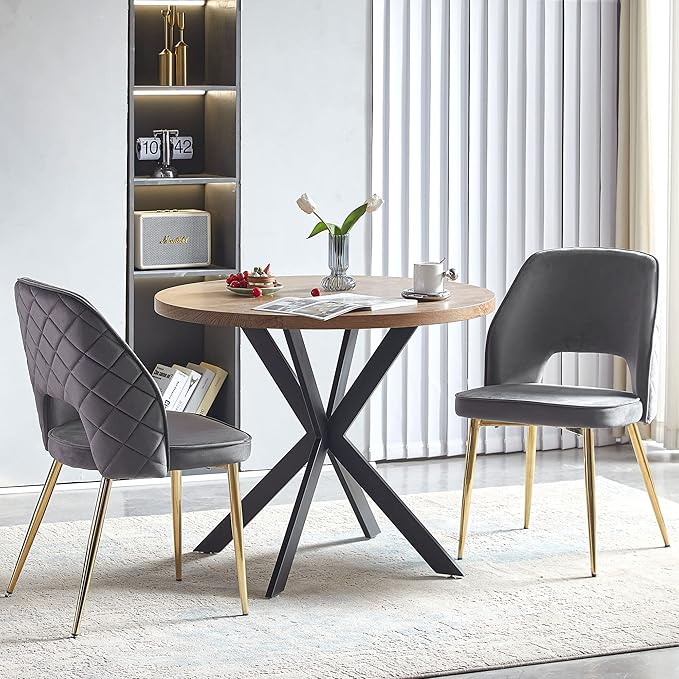 NORDICANA Modern Dining Chair Set of 2, Grey Velvet Fabric Upholstered Accent Chairs with Golden Metal Legs, Round Back Side Chairs for Kitchen Living Room Bedroom