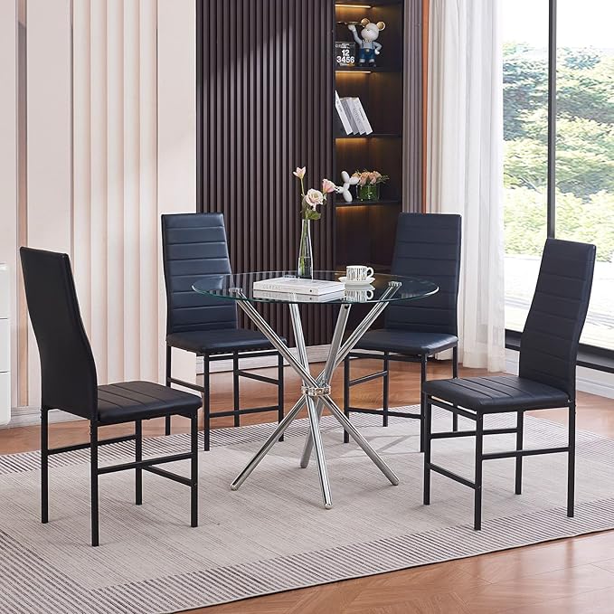 PU Dining Chairs Set of 4, Modern Kitchen & Dining Room Chairs Faux Leather Upholstered Dinner Chairs with Metal Legs for Small Space (Black, Crossbar)