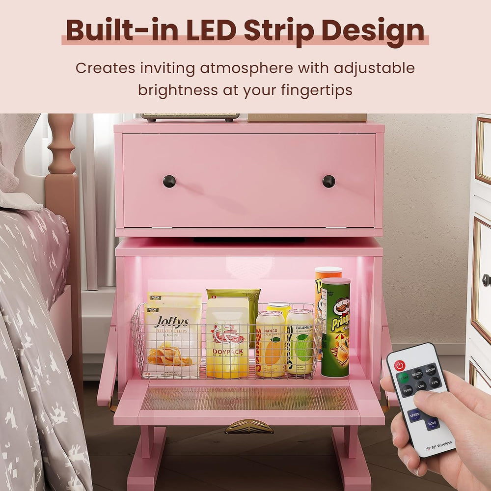 RoyalCraft Nightstand with LED Light Strips, Pink End Table for Bedroom | Mod...