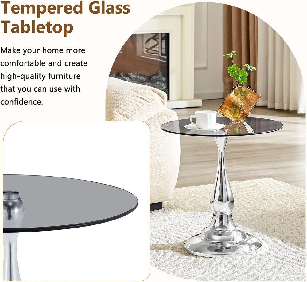 Round Glass Side Table with Silver Metal Base, 19.6'' Gray Tempered G...