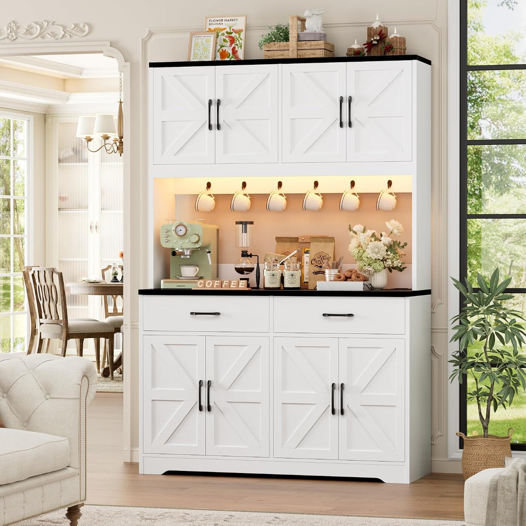 HIFIT 71" LED Pantry Cabinet with Charging Station, Tall Coffee Bar Cabinet | Farmhouse Kitchen Hutch Cabinet with Storage, Large Countertop, 7 Metal Cup Hooks, White+Black