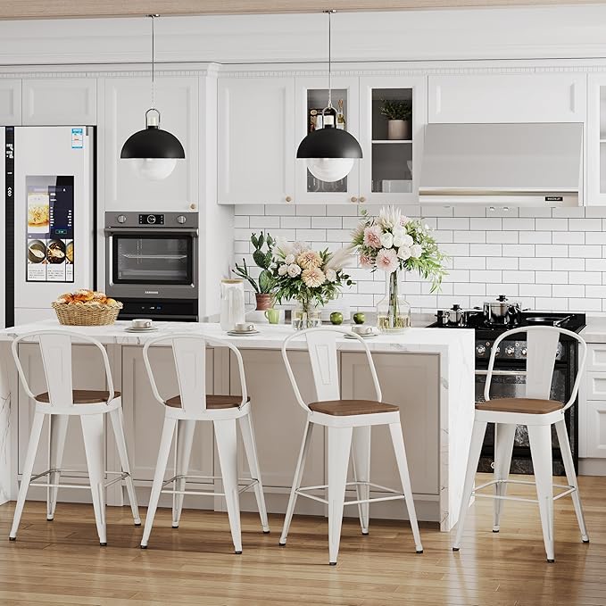 Andeworld Metal Bar Stools Set of 4, 26 inch Counter Height Barstools with Backs Farmhouse Modern High Back Bar Stools with Larger Seat Kitchen Dining Bar Chairs,Off White