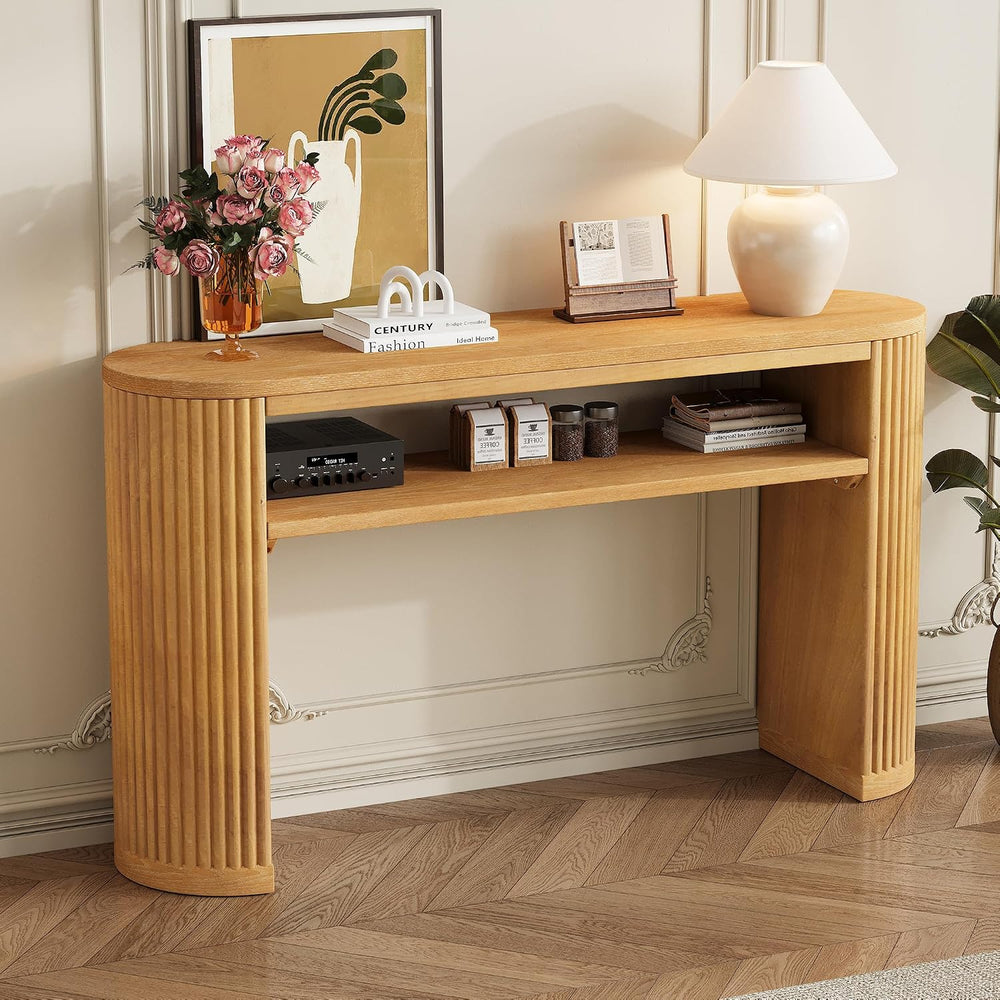 Vintage Farmhouse Console Table with Fluted Legs & Ash Veneer Top - Oval ...