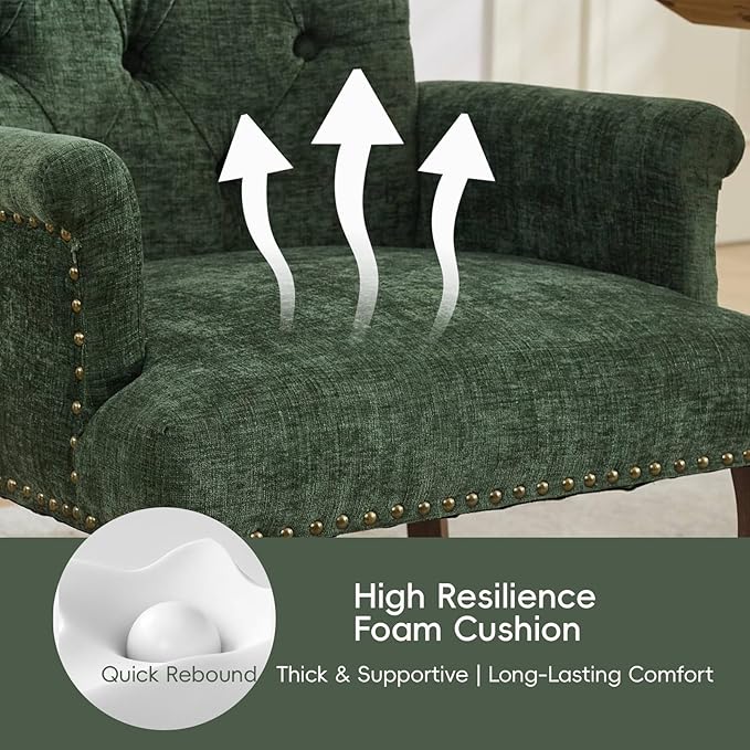 Upholstered Tufted Chenille Dining Chairs with Arms & Nailhead Trim – Sol...