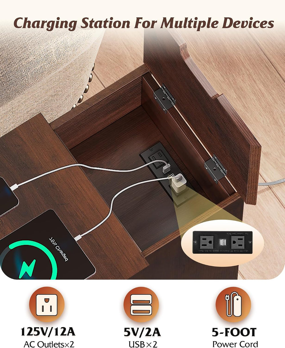 WLIVE End Table with Charging Station, Narrow Sied Table with Drawer & Ca...