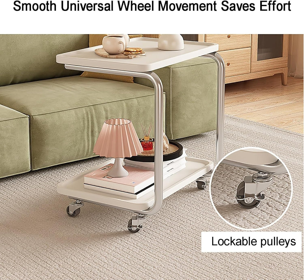 C Shaped End Table with Wheel TV Tray Sofa Table Metal Frame Waterproof Top M...