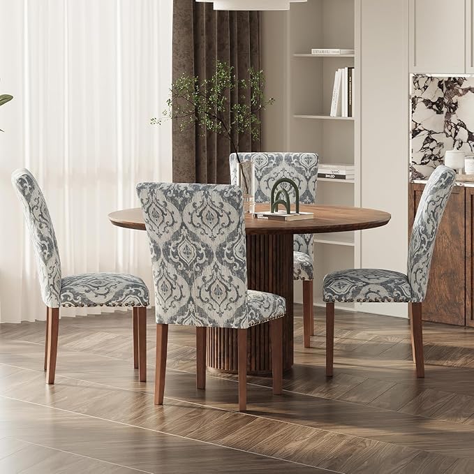 Stylish Dining Chairs Set of 4, Upholstered Parsons Dining Room Chair with Nailhead Trim, Kitchen Room Chair with Thick Cushions and Wood Legs, Nailhead Trim, SKY2050A-03