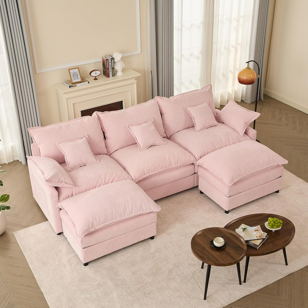 GOSUHI 108" U-Shaped Modular Cloud Couch, Deep Seat, Chenille Pink | Clo...