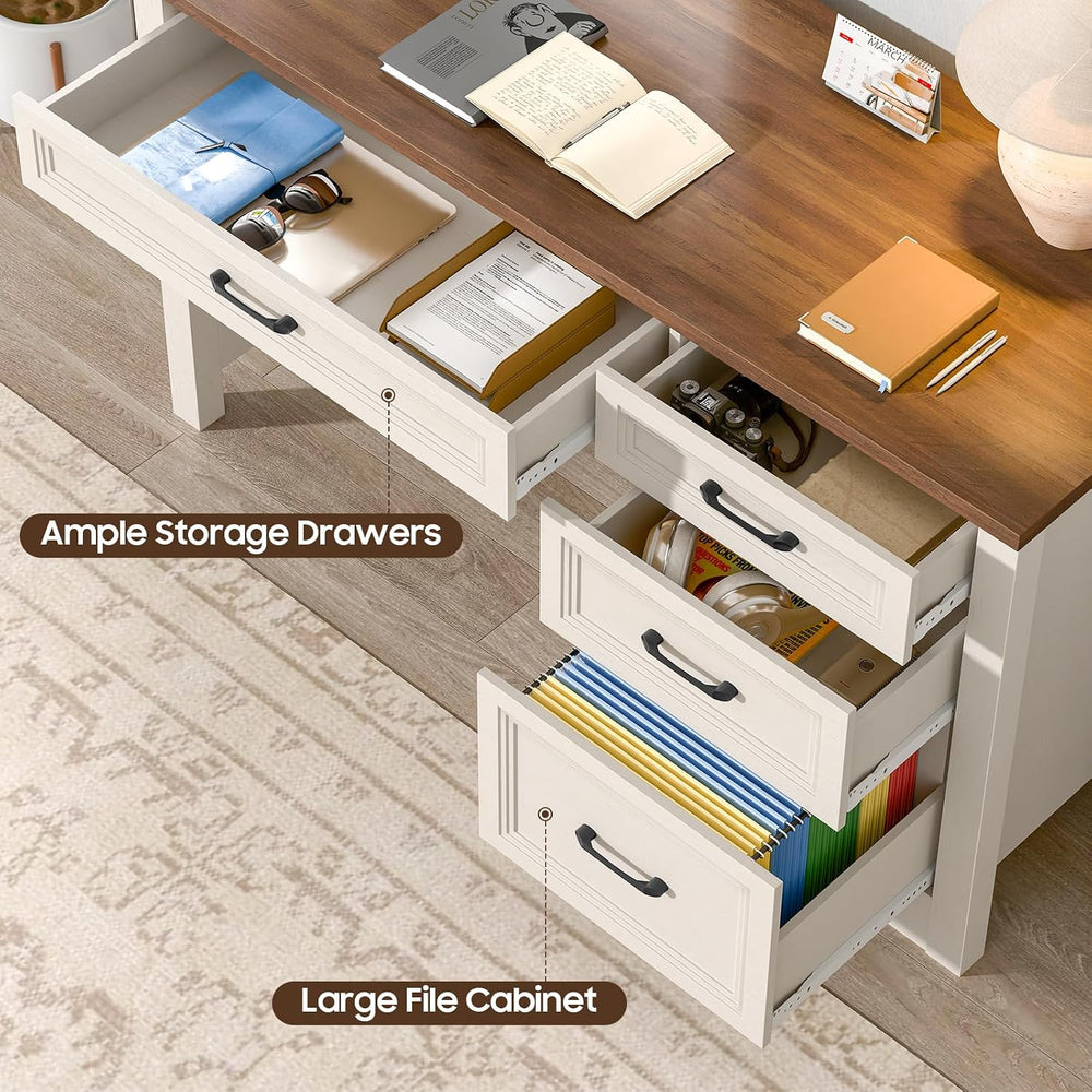 Vabches Farmhouse Executive Desk with Storage and Ample File Drawer, Rustic L...