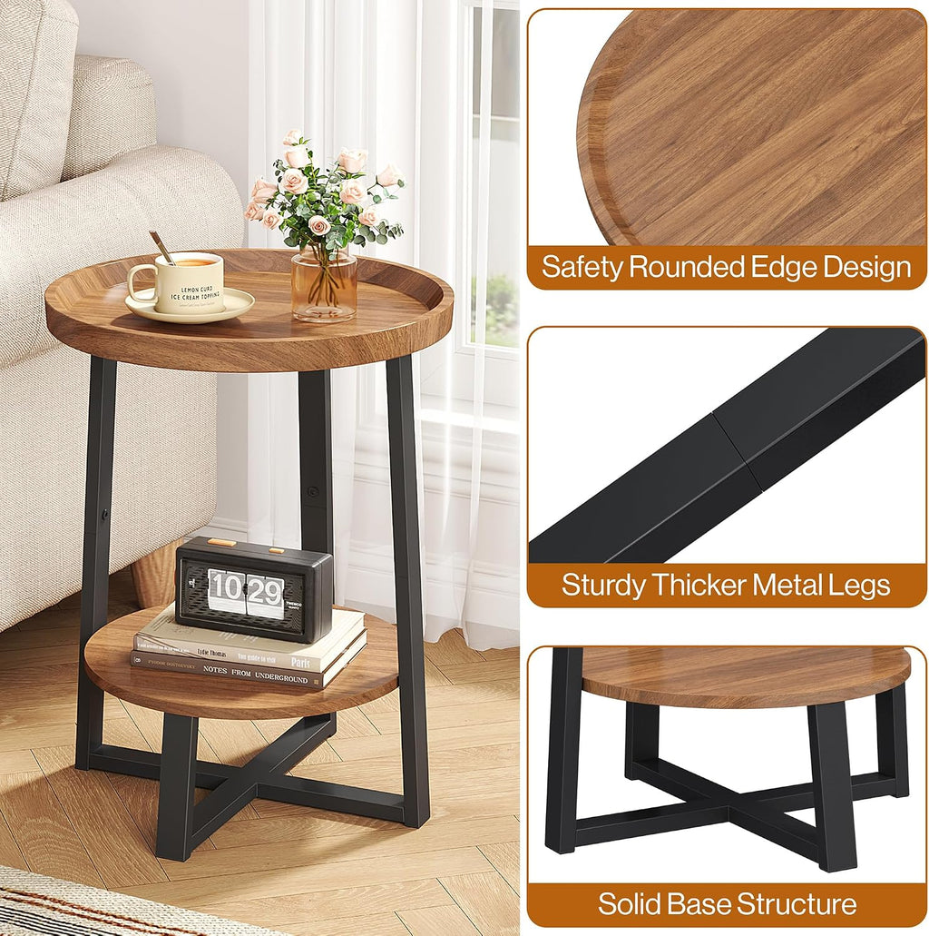 Yusong Round Side Table, Industrial Cherry End Table, Accent Nightstand Bedside Table for Living Room, Bedroom, Sofa Couch