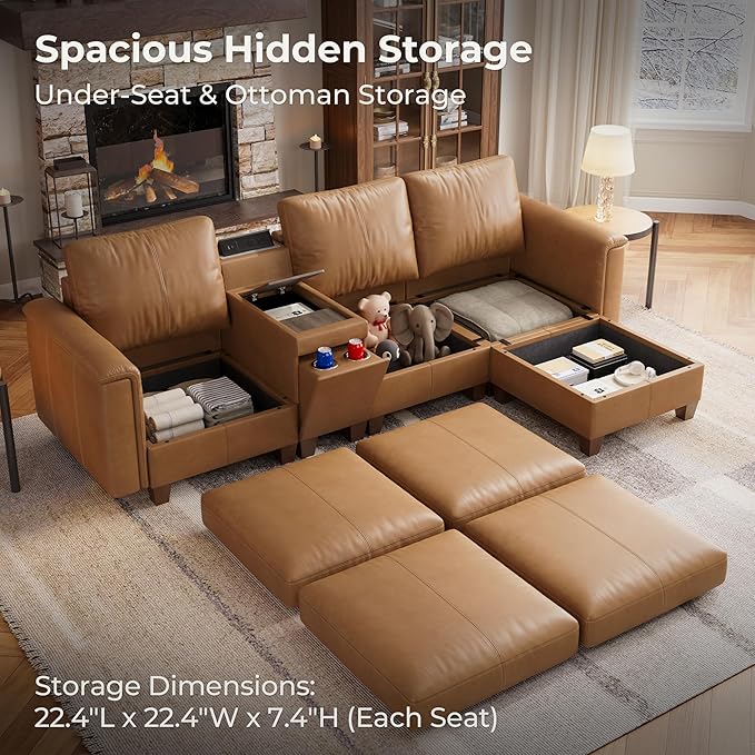 SITJOY 105" Faux Leather Modular Sectional Sofa with Storage, Mid Century Modern Sectional Couches for Living Room, 4 Seat L Shaped Couch with Ottoman and Console Table, Hidden Cupholders, Brown