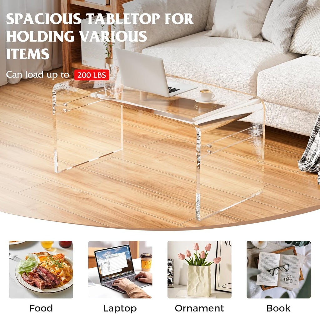 Premium Need Assembly 32" Acrylic Coffee Table,Clear Lucite Coffee Table for Living Room,Rectangle Plexiglass Center Waterfall Table,Supports 180 LBS,32"x16"x16",0.6" Thick Fit for 2 Seat Sofa