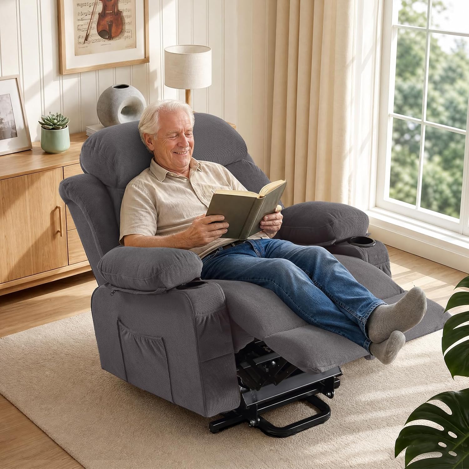 BOSMILLER Electric Power Lift Recliner Chair Sofa with Massage and Heat for Elderly,Lift Chair with Cup Holder & Side Pockets for Living Room